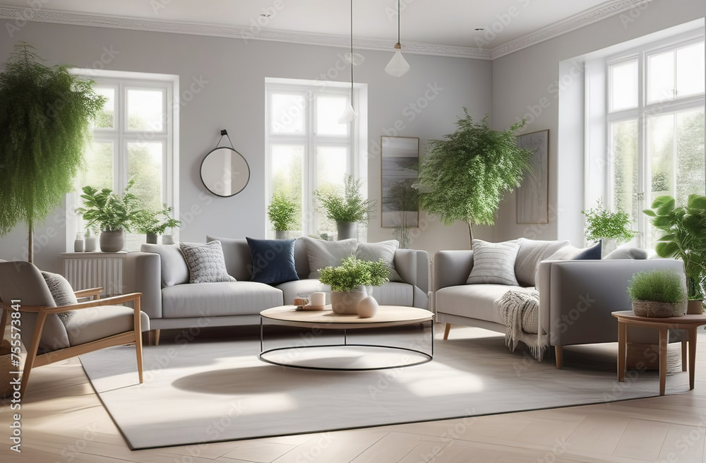 airy and spacious living room interior, natural light through windows, fresh houseplants, elegant and modern space airy and spacious living room interior, natural light through windows, fresh houseplants, elegant and modern space
