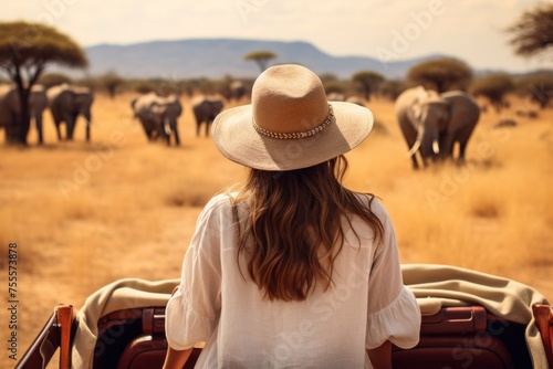 Woman in White Shirt Riding Safari Vehicle With Elephants.. Generative AI