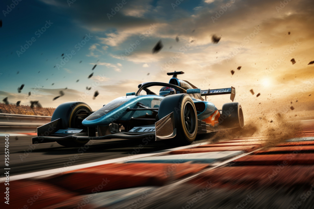Blue Race Car Speeding on Race Track. Generative AI - obrazy, fototapety, plakaty 