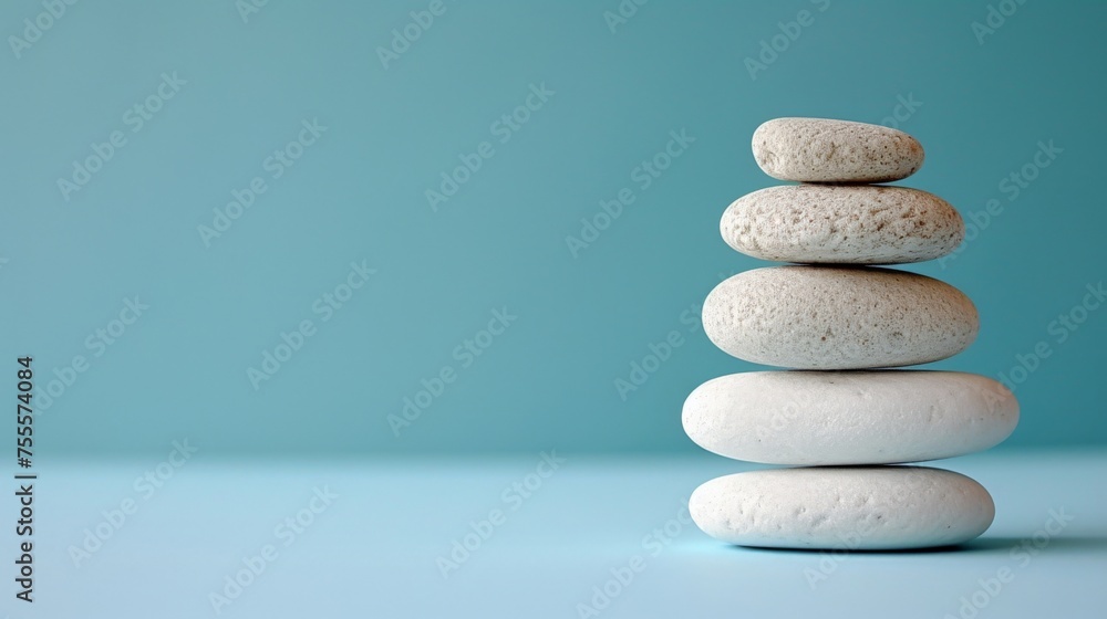 Balance Stones on Blue Background with Copy Space for Message, Zen Concept for Tranquility and Harmony in Nature Balance Stones on Blue Background with Copy Space for Message, Zen Concept for Tranquility and Harmony in Nature