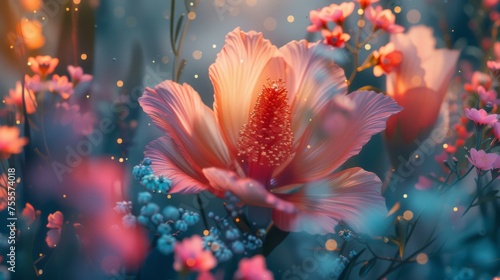 Creative AI generated illustration of composition of blossoming flowers with gentle petals of various bright colors and stamens photo