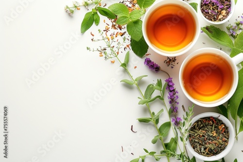Three Cups of Tea Surrounded by Herbs and Flowers. Generative AI