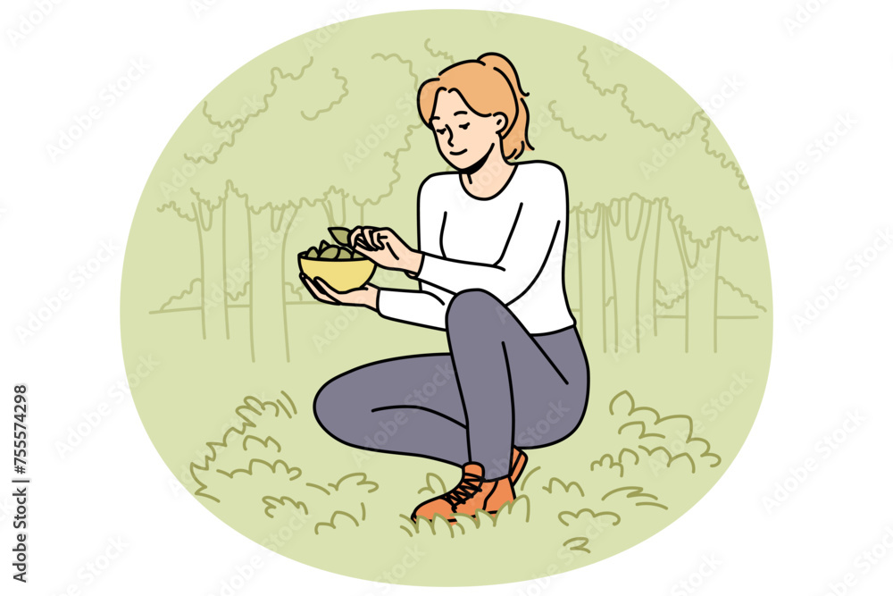 Woman collecting leaves in forest. Happy female gathering plants in wood, putting leaf in basket. Vector illustration.  - obrazy, fototapety, plakaty 