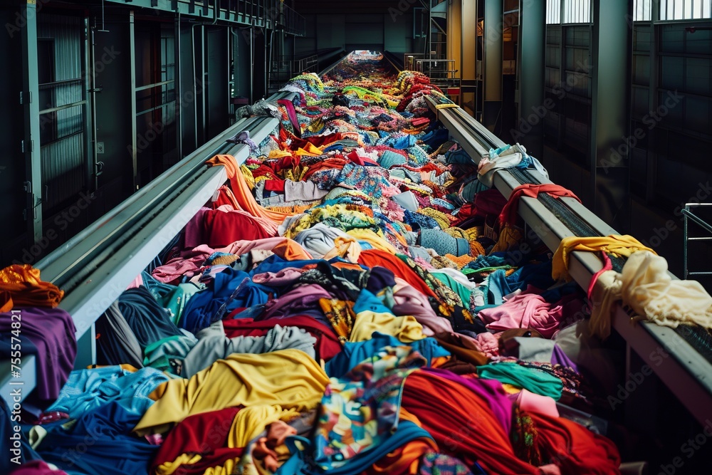 A conveyor belt overloaded with discarded textiles and clothing ...