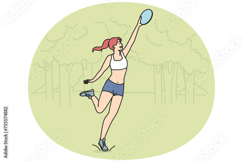 Smiling sportive girl play with frisbee in park. Happy active woman enjoy game playing in summer in forest. Sport and relaxation. Vector illustration.