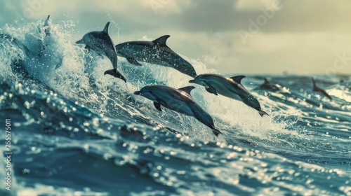 Dolphins frolic in the ocean, jumping through the waves © Orxan