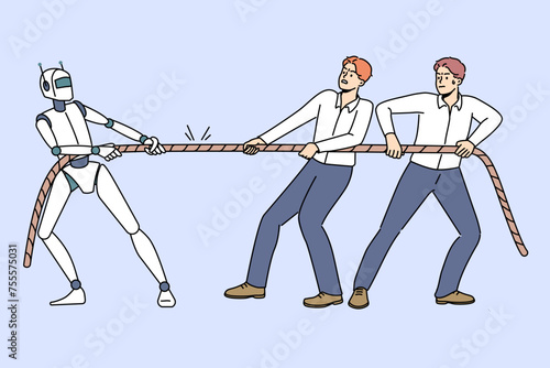 Competition peoples and robot in tug of war, as metaphor for struggle for job. Strong robot demonstrates superiority over office employees are unable to defeat technology and innovation in business.