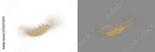 Gold blowing glitter png. Gold confetti. Glitter isolated on transparent background. Glitter and sprinkles. Bright festive tinsel of gold color