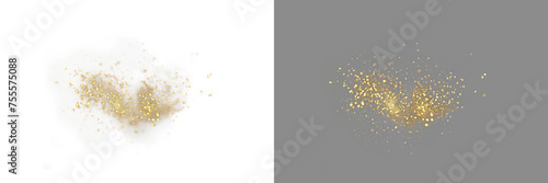 Gold blowing glitter png. Gold confetti. Glitter isolated on transparent background. Glitter and sprinkles.  Bright festive tinsel of gold color