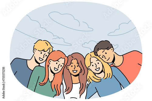 Smiling diverse friends posing together enjoy walk in park. Happy men and women have fun relaxing in summertime. Vector illustration.