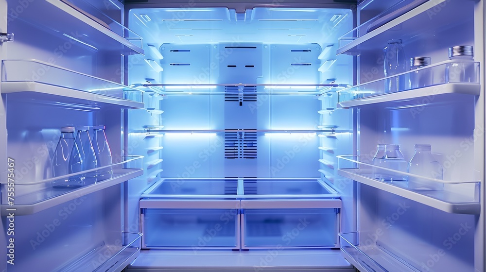 Image of an open, empty refrigerator with visible shelves Image of an open, empty refrigerator with visible shelves