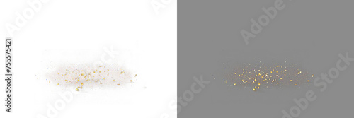 Gold blowing glitter png. Gold confetti. Glitter isolated on transparent background. Glitter and sprinkles.  Bright festive tinsel of gold color photo