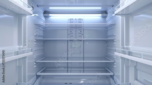 Image of an open, empty refrigerator with visible shelves
