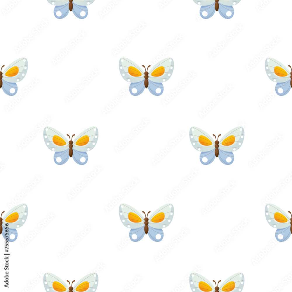 Seamless vector background with a repeating pattern of blue butterflies on a white background. The butterfly is blue with yellow patterns and stripes. Suitable for wrapping paper, wallpaper, textiles. Seamless vector background with a repeating pattern of blue butterflies on a white background. The butterfly is blue with yellow patterns and stripes. Suitable for wrapping paper, wallpaper, textiles.