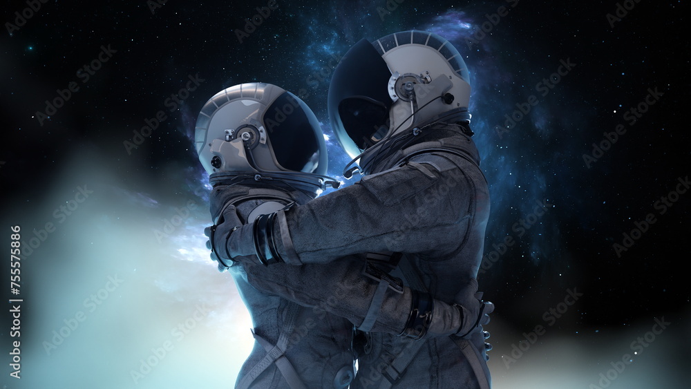 Fototapeta premium Two astronauts couple in a tender embrace, silhouetted against a nebula-like celestial backdrop, capturing a moment of connection in the vastness of space, love hug, man and woman. 3d render