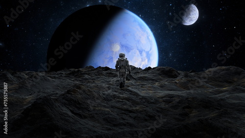 Fototapeta Naklejka Na Ścianę i Meble -  Astronaut strides on moon surface with Earth rising in a starry sky, exploration and wonder. 3d render