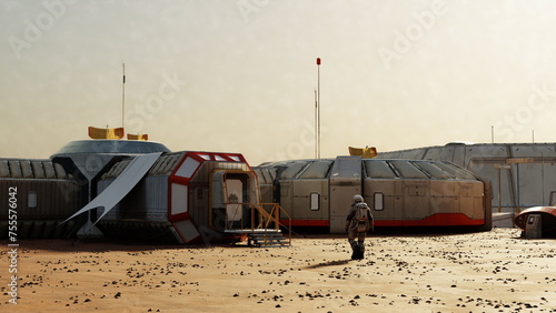 Canvastavla Astronaut approaches a Martian base with modular structures under a dusty sky, colonization