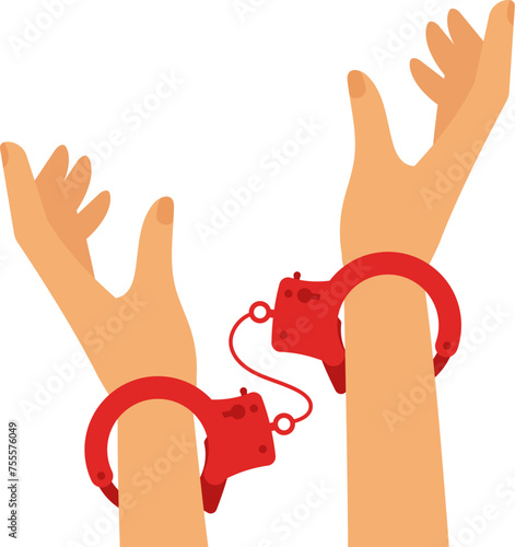 Female hands in handcuffs. Isolated. Chain. Restrictions and slavery concept. Loose of personal opinion. Minimalistic flat style.