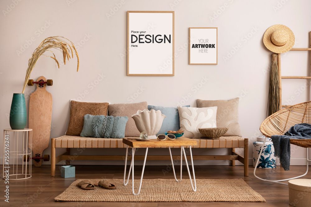 Summer composition of living room interior with couch, pillow carpet, coffee table, armchair and personal accessories. Gray concrete wall. Mock up poster. Template. - obrazy, fototapety, plakaty 