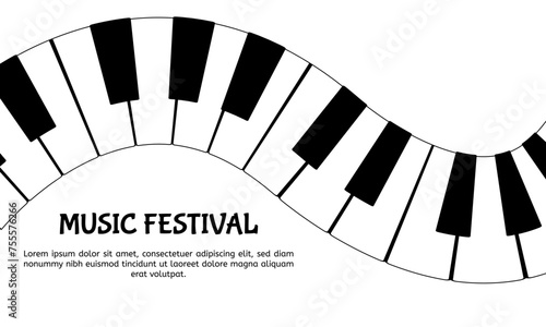 Piano music keys. Musical scale isolated. Curvy piano musical instrument keyboard. Horizontal composition. Music festival banner template. Copy space.