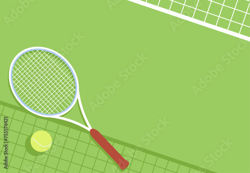 Aerial view of a green tennis court with a tennis ball, net and racket. Shade of tennis net. Outdoor sports and activities banner. Tournament game promotion background. Place for text.