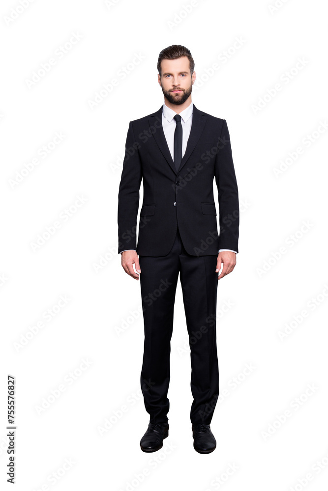 Full size fullbody portrait of concentrated strict business person with modern hairstyle and elegant outfit, wearing black suit with tie looking at camera, isolated on grey background Full size fullbody portrait of concentrated strict business person with modern hairstyle and elegant outfit, wearing black suit with tie looking at camera, isolated on grey background