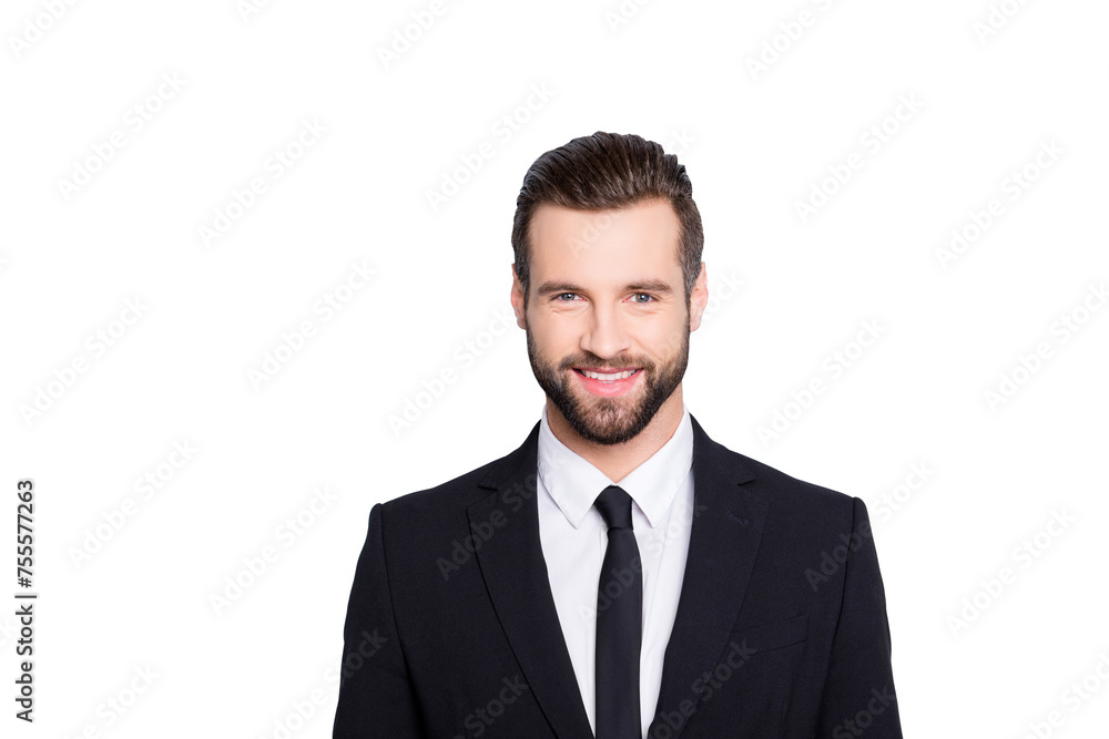 Portrait of positive joyful business person with modern hairstyle and elegant outfit, wearing black suit with tie looking at camera, isolated on grey background Portrait of positive joyful business person with modern hairstyle and elegant outfit, wearing black suit with tie looking at camera, isolated on grey background
