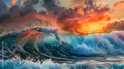 Sunset brings a rough  colorful wave crashing down
