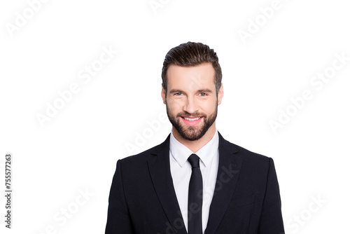 Portrait of positive joyful business person with modern hairstyle and elegant outfit, wearing black suit with tie looking at camera, isolated on grey background