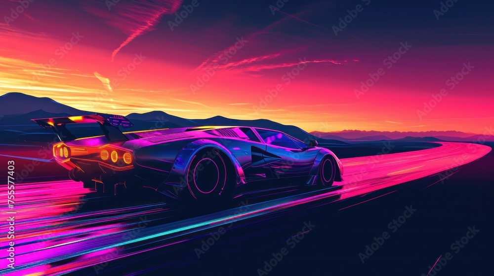 sports car on the road at sunset, 3d rendering digital illustration