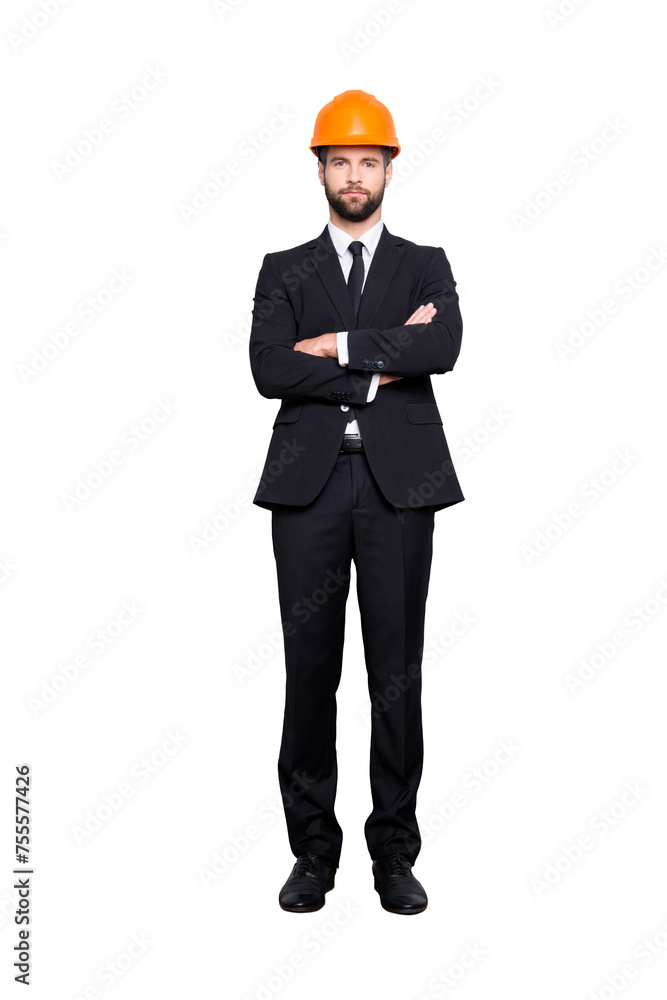 Full length size portrait of virile harsh stylish investor in hard hat, black tux, tuxedo with tie, isolated on grey background, having his arms crossed Full length size portrait of virile harsh stylish investor in hard hat, black tux, tuxedo with tie, isolated on grey background, having his arms crossed