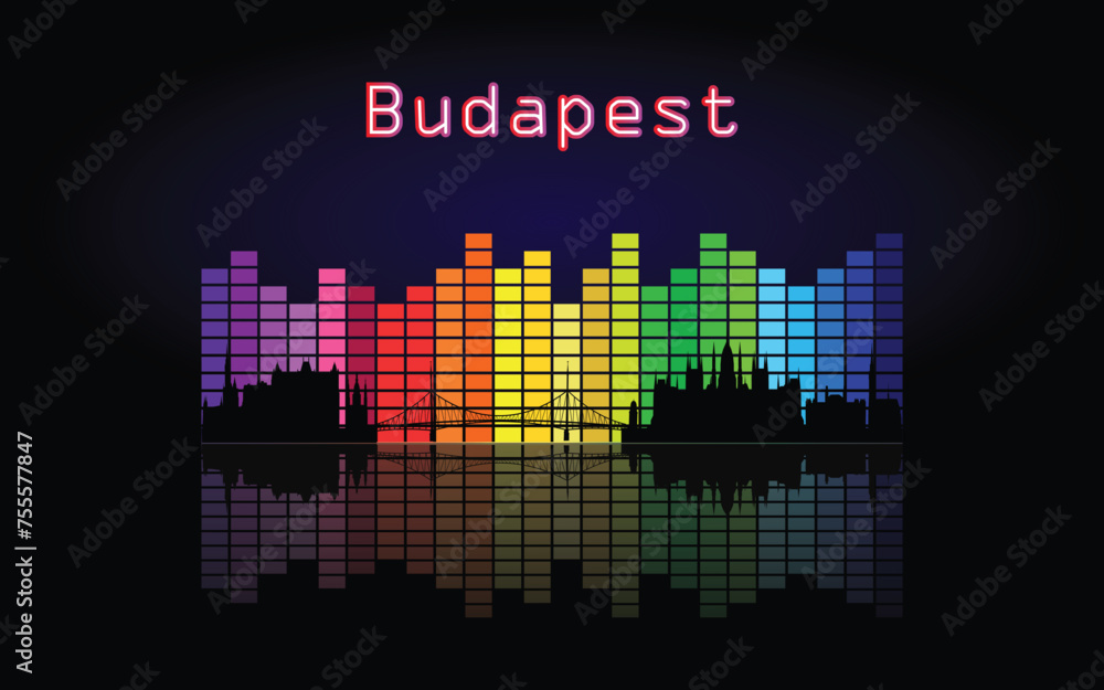 Black panorama of city of Budapest on multi colored music equalizer with reflection of city and music equalizer with multi colored inscription of the name of the city on black background Black panorama of city of Budapest on multi colored music equalizer with reflection of city and music equalizer with multi colored inscription of the name of the city on black background