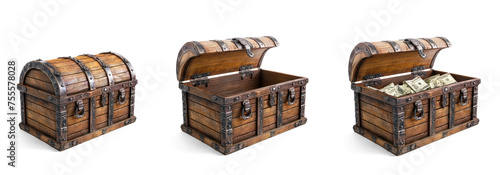 open treasure chest with with money, closed chest and empty open chest transparent cutout