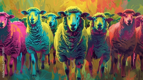 A flock of sheep in drawn brightly colored style. Digital art