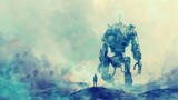 A giant robot on an alien planet. Space explorer or space pioneer. Fantasy scene in watercolor style