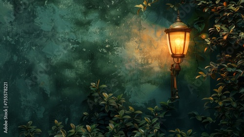 A gas lamp is lit in front of a green wall, casting a warm glow on the surroundings. The lamp is positioned above bushy plants, with an open space towards the right side