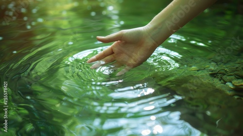 A hand touching the surface of pure green water of the river in nature on a sunny day  symbolic and ecological gesture for conservation of natural resources and preservation of the environment