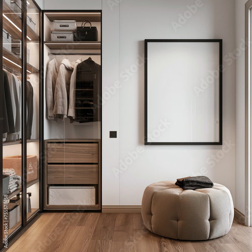 A large vertical blank poster mockup frame is on the wall in a modern walk-in closet / glass cabinet, with white walls, and an ottoman with a soft fabric covering it. Interior mockup
