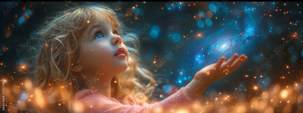 young little girl holding the galaxy in her hand