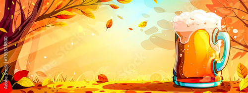 Illustration of a frothy beer mug with colorful autumn leaves background