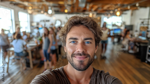 selfie photo of businessman in teambuilding with his co-workers