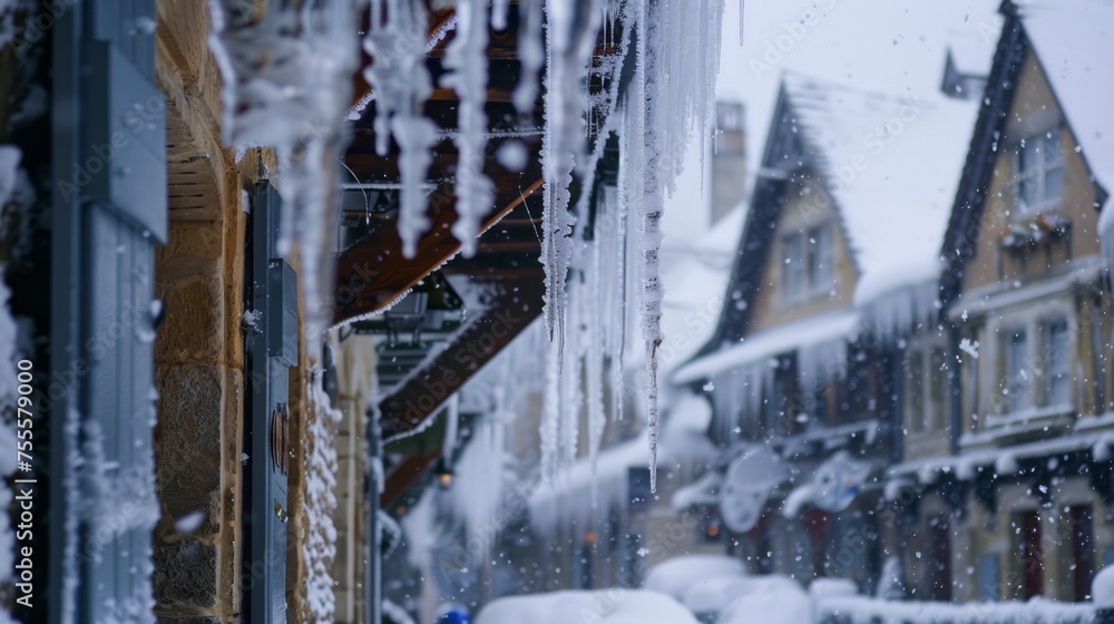 Fototapeta premium A row of buildings covered in snow with icicles hanging from the eaves, creating a wintery and cold scene. The architecture is visible under the snow, showcasing the wintry weather conditions