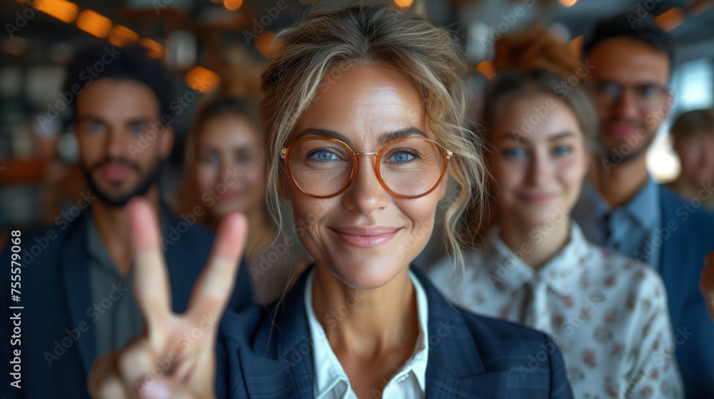 beautiful businesswoman making victory sign in front beautiful businesswoman making victory sign in front
