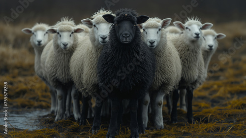 group of seven sheeps with the leader black