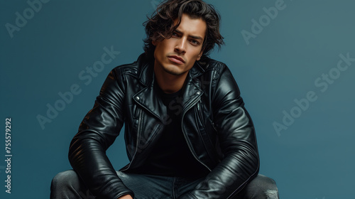 closeup of sexy rocker with long hair and leather jacket