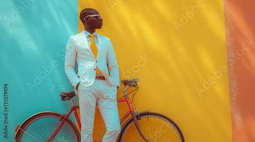 black businessman standing near bicycle and looking to side