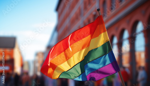 LGBT flag on the facade of a building against the background of a blurred rally.