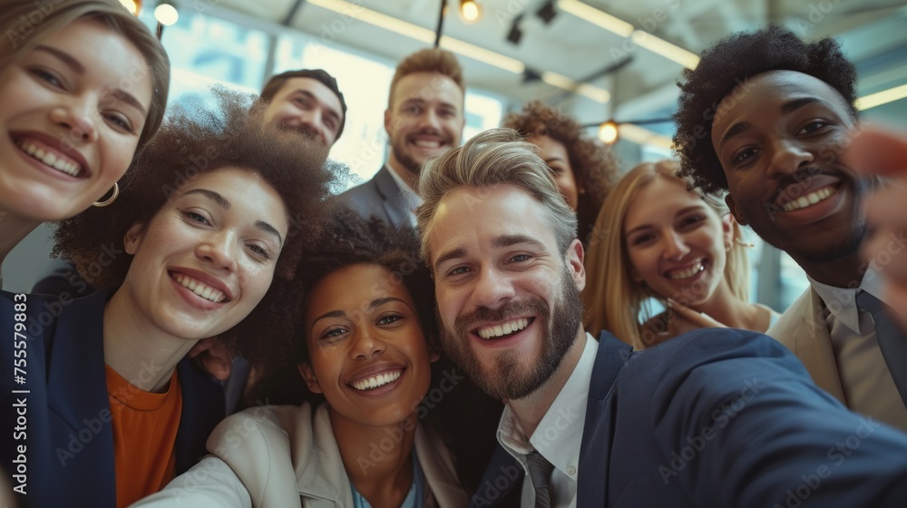 Multiracial group of cheerful business seminar attendees taking selfie in conference hall and looking at camera Multiracial group of cheerful business seminar attendees taking selfie in conference hall and looking at camera