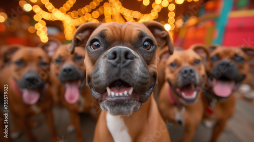 selfie photograph of group of many happy boxer dogs