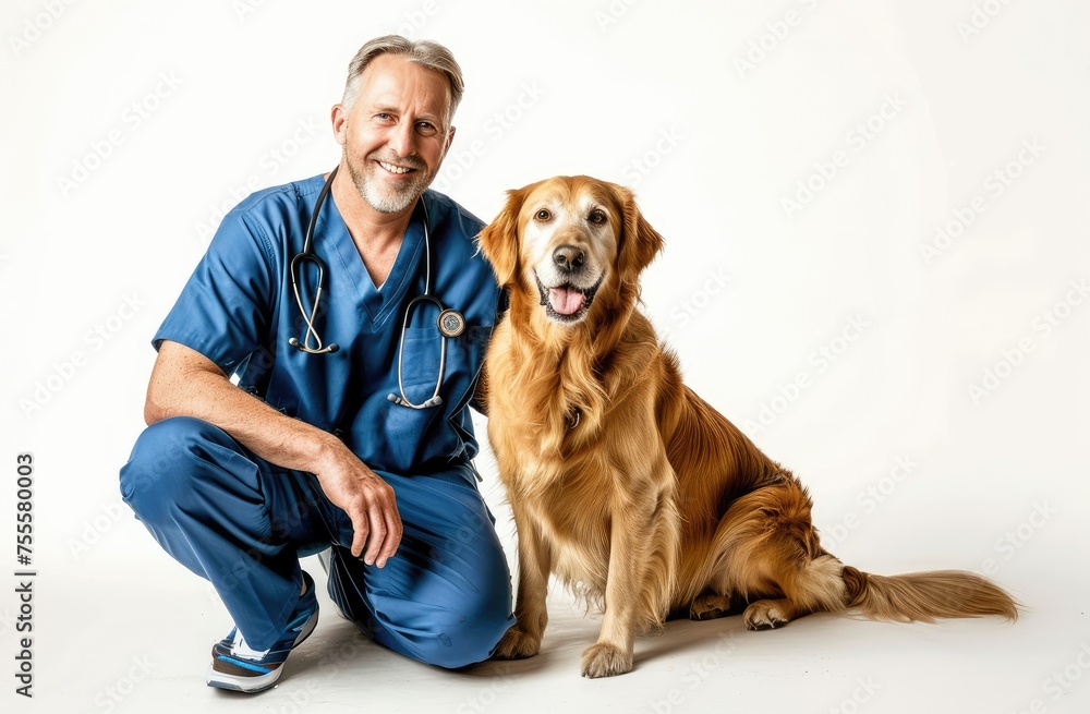 Smiling Veterinary Professional in Blue with Happy Golden Retriever - Generative AI Smiling Veterinary Professional in Blue with Happy Golden Retriever - Generative AI